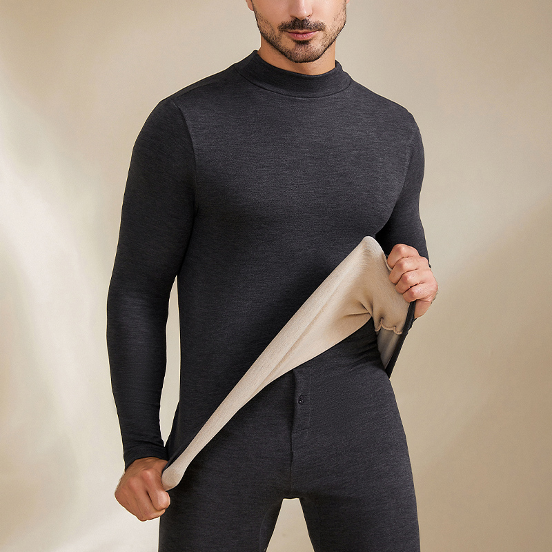 男士高领保暖上衣羊绒蚕丝德绒加厚秋衣双面磨毛薄绒打底内衣