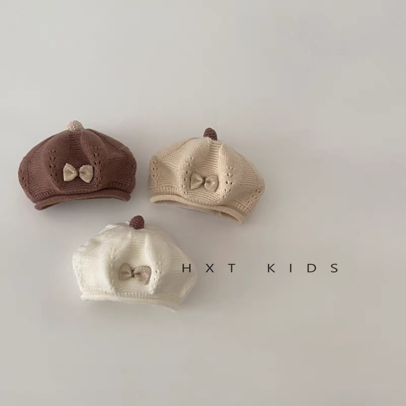 婴儿贝雷帽洋气蝴蝶结帽顶小球针织帽子小月龄婴幼儿宝宝画家帽潮
