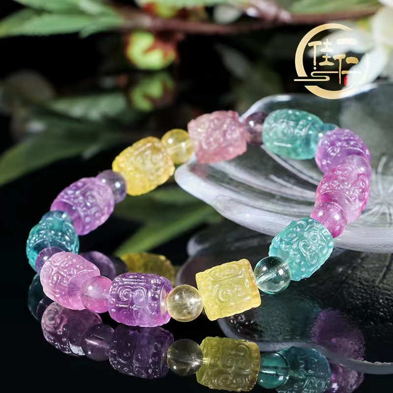 直播同价）回纹雕刻天然萤石单圈手串链女款首饰珠宝（正品带证