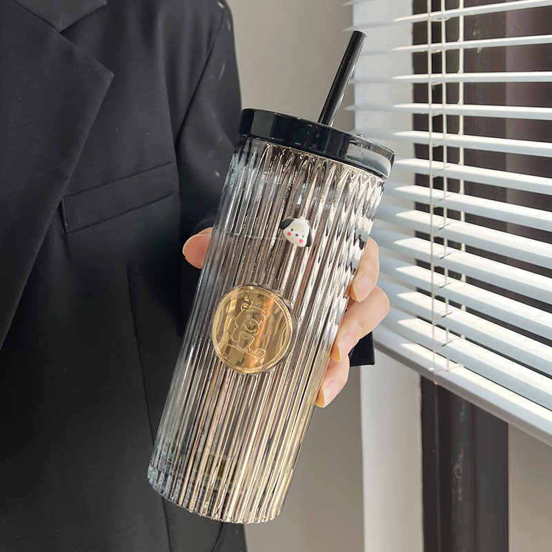 玻璃杯女生高颜值水杯2023新款简约吸管杯家用带盖高级感轻奢杯子