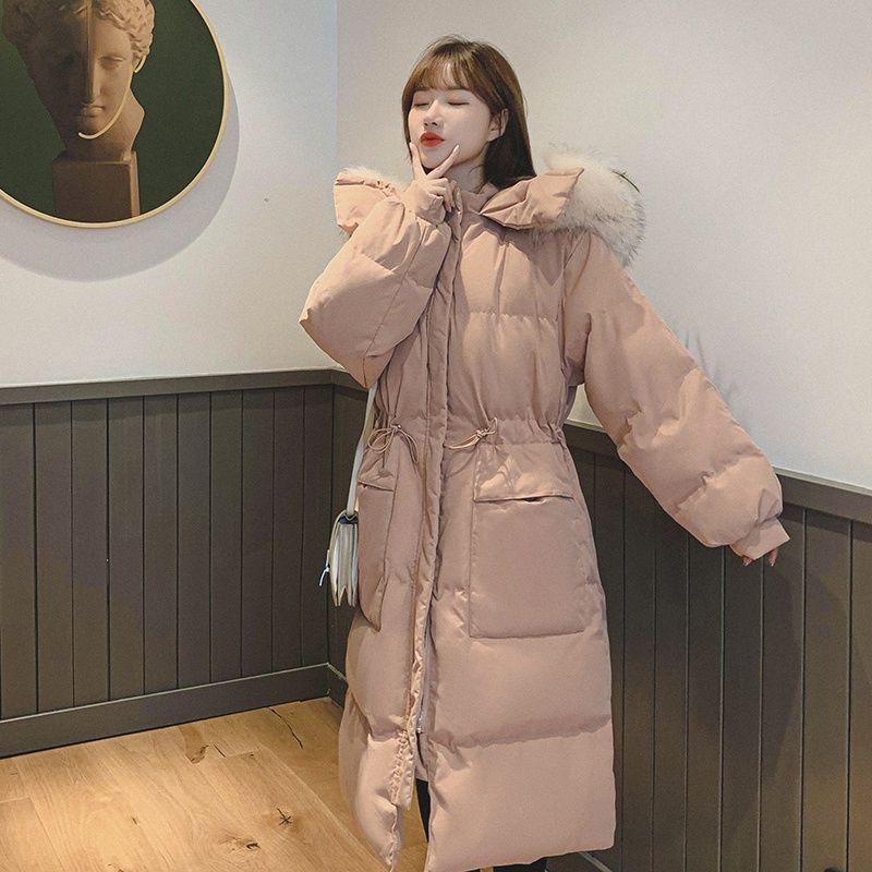 新款收腰棉服女长款过膝连帽学生毛领棉衣韩版宽松长款加厚棉袄潮