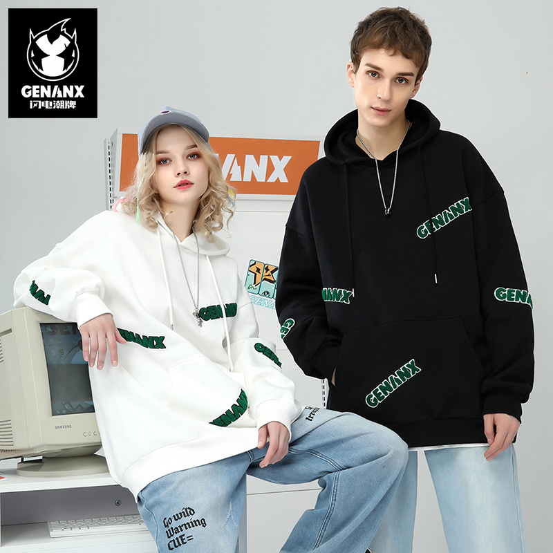 【加绒】GENANX闪电潮牌连帽卫衣情侣毛巾绣袋鼠兜秋季上衣男W925
