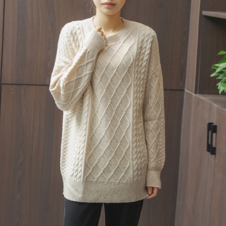 【羊羔绒】休闲宽松圆领小方块女士慵懒风百搭针织羊绒衫8010