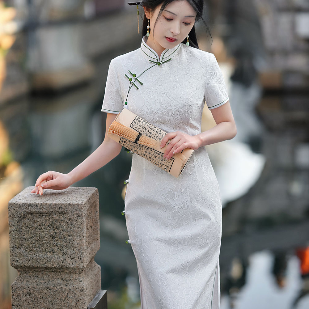 【风清余】复合蕾丝中长款旗袍气质白色夏季少女修身显瘦中式民国风