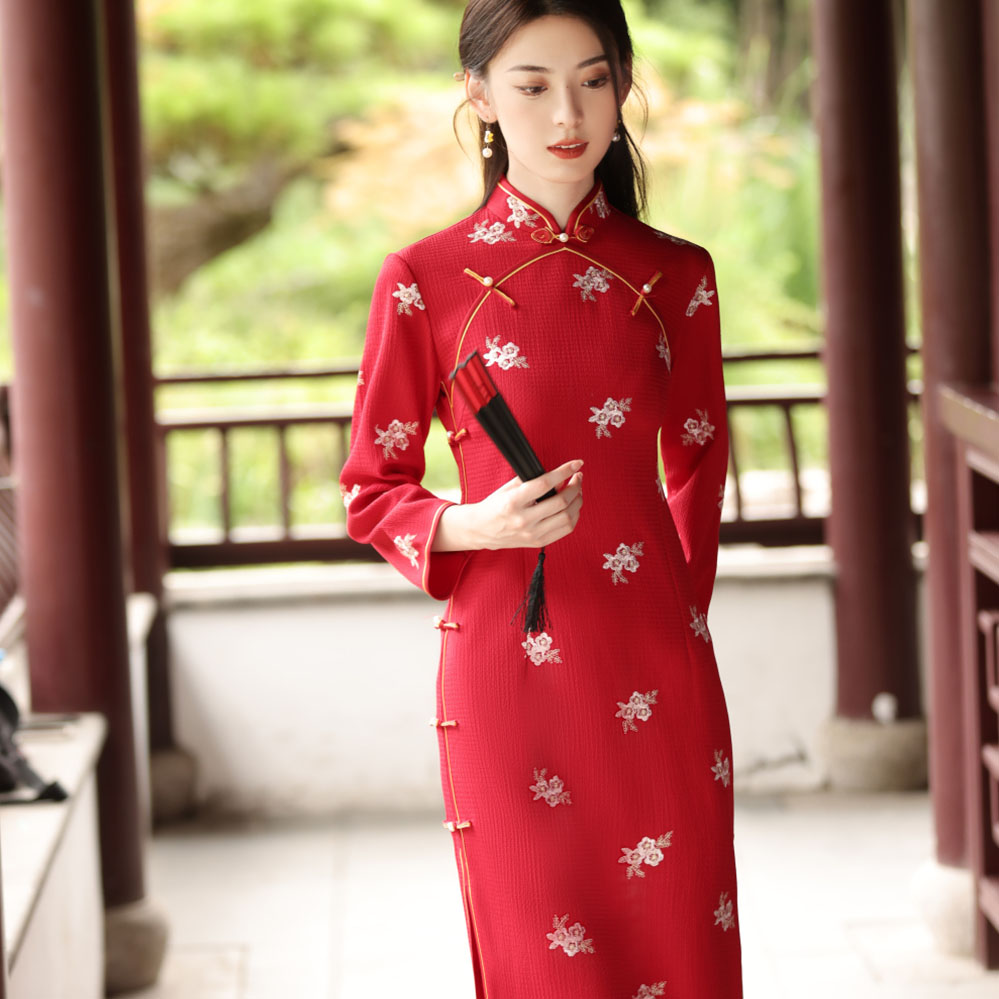 【风清余】复合蕾丝中长款红色旗袍显瘦气质日常修身中式网红