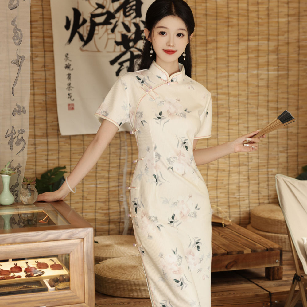 【风清余】竖纹提花中长款气质旗袍修身少女日常印花白色显瘦民国风