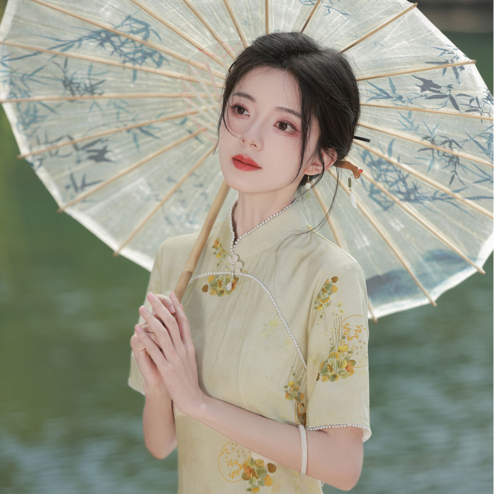 【风清余】柳枝麻提花显瘦中长款旗袍气质夏季少女修身日常印花中式