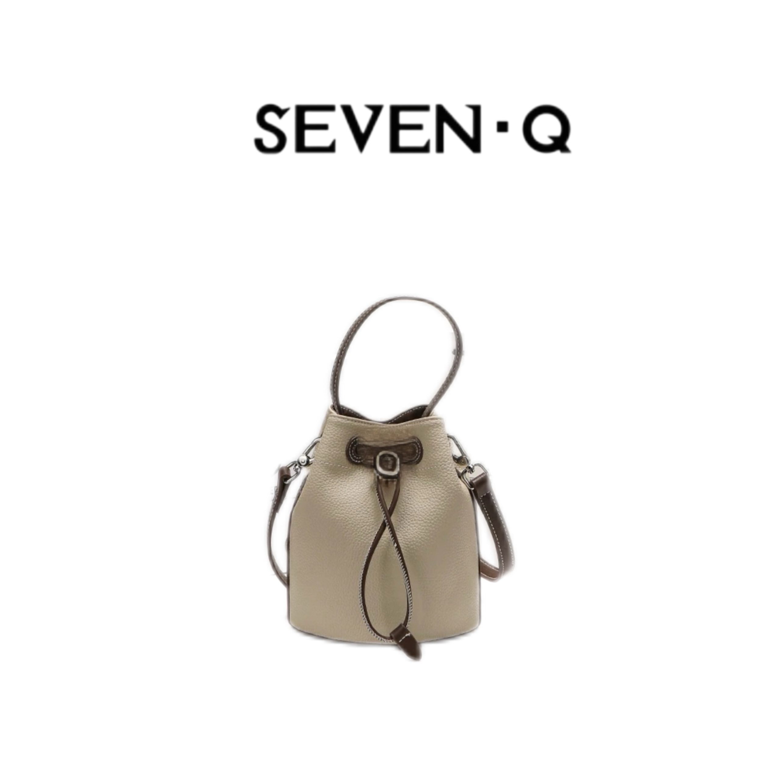 【Seven·Q定制】米色荔枝纹抽绳束口水桶包 T3002