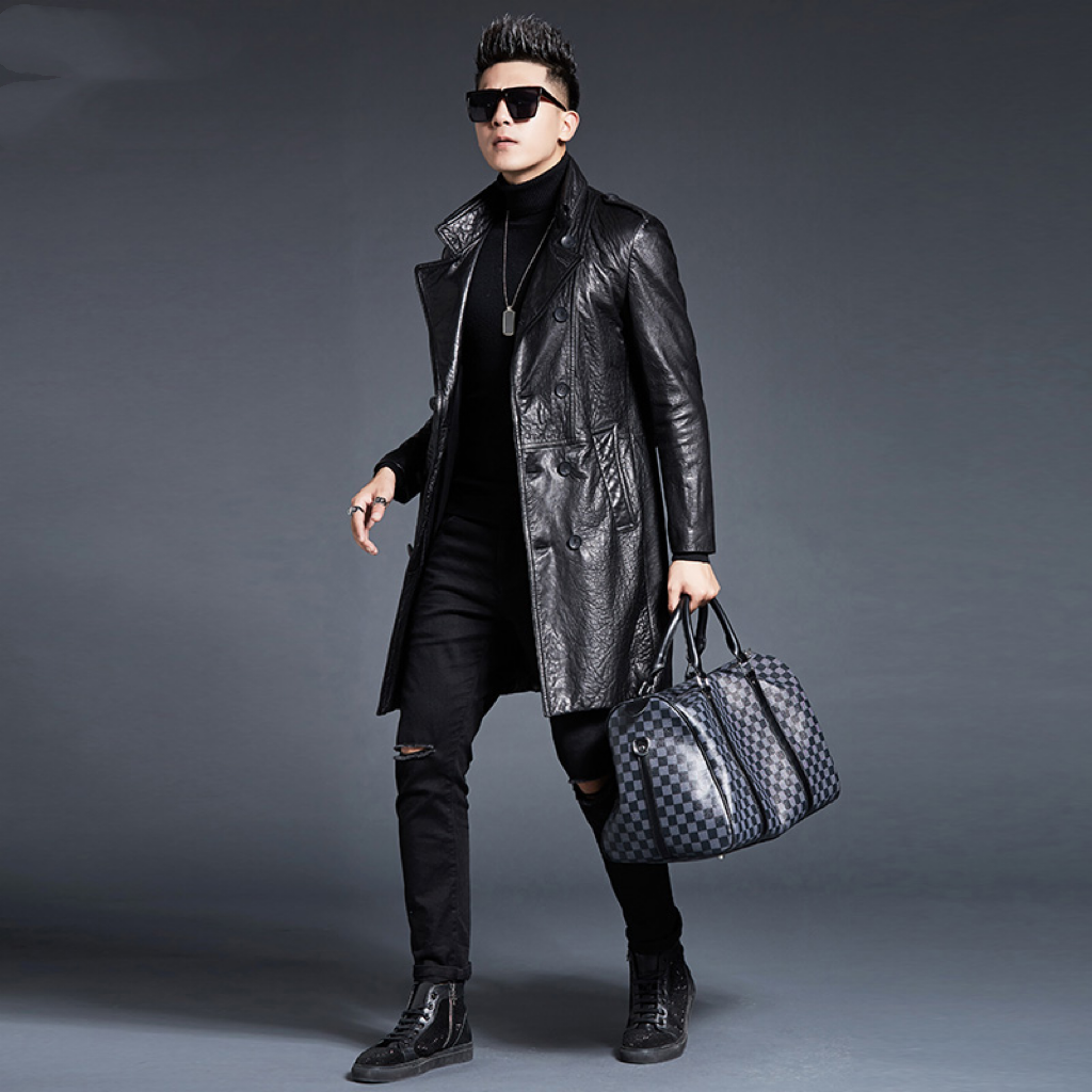 男油蜡羊皮气质风衣修身中长款双排扣翻领商务男士皮衣