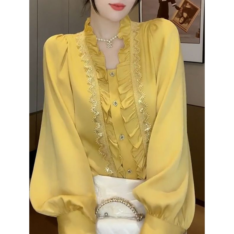 法式衬衫女2023春装新款韩版宽松蕾丝拼接慵懒风女士高档洋气小