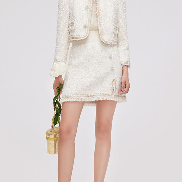 COCOON/可可尼优雅奶白色粗花呢半裙22112BN091029030