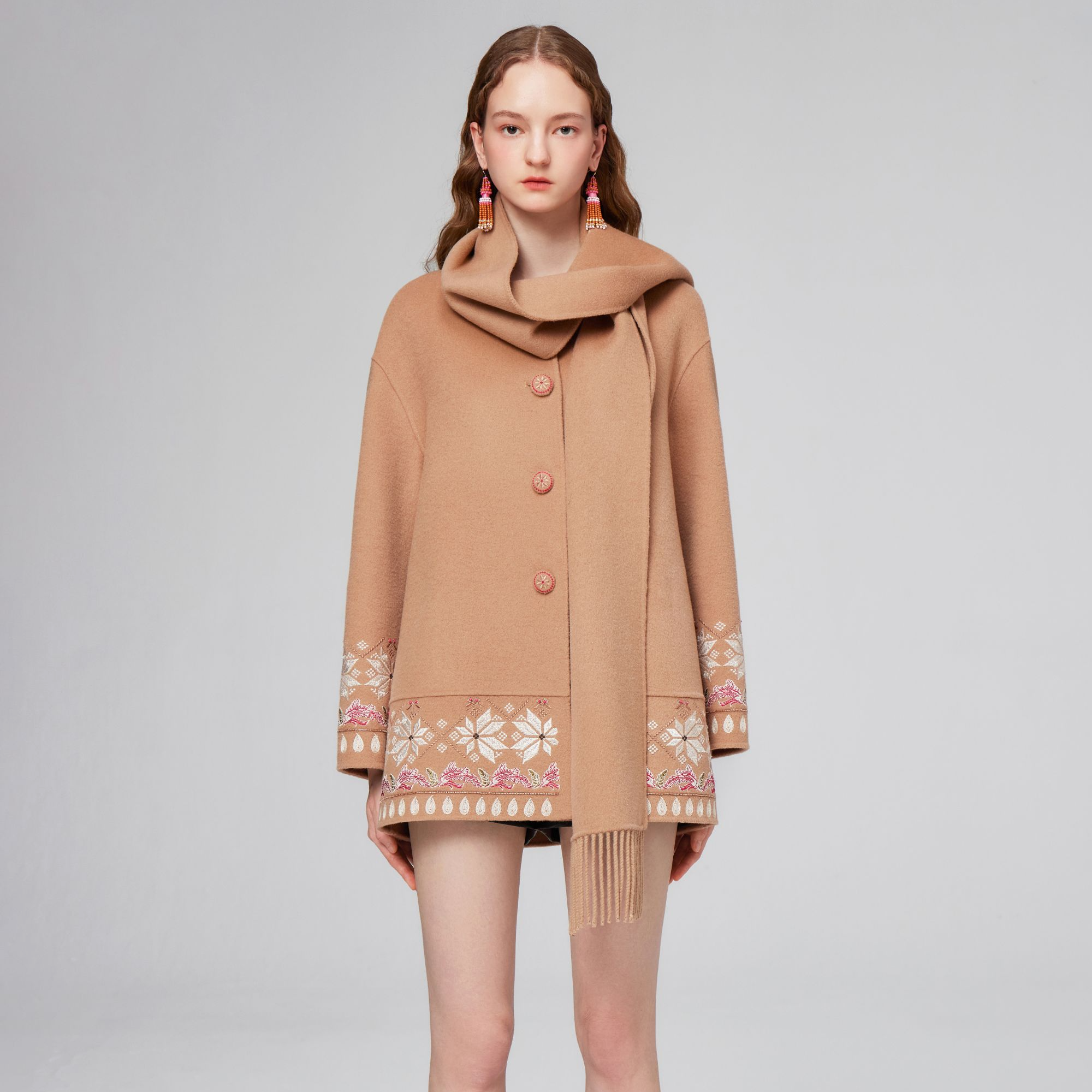 COCOON/可可尼驼色民族风上双面呢大衣24409BC123312025