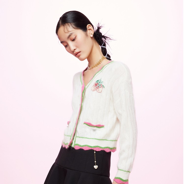 COCOON/可可尼波浪边设计感小开衫复古长袖绣花23101AC311316012