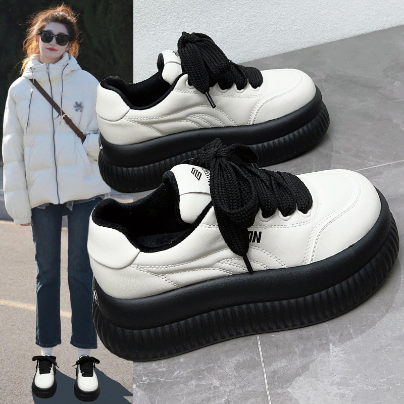 小个子增高加绒厚底鞋女冬季新款真皮小白鞋百搭轻便休闲运动板鞋