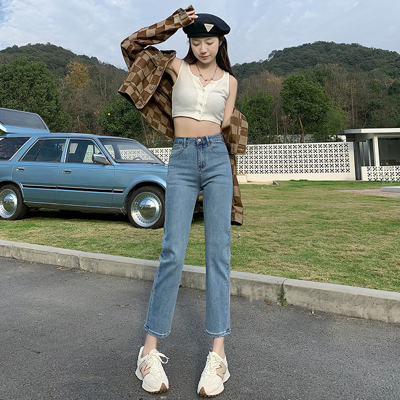 春秋直筒烟管裤高弹小个子牛仔裤女百搭弹力修身显瘦韩版高腰九分