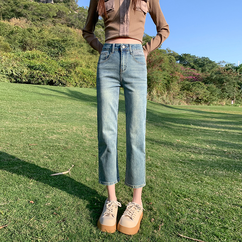 欧美风小个子直筒牛仔裤女2024春秋韩版百搭时尚弹力显瘦九分裤潮