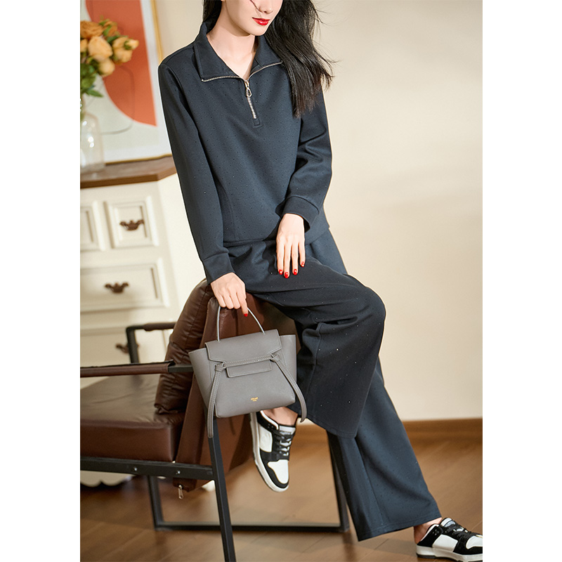 迪欧芙2024秋冬新款休闲百搭炭灰色翻领长袖女时尚套装#QTZ87497