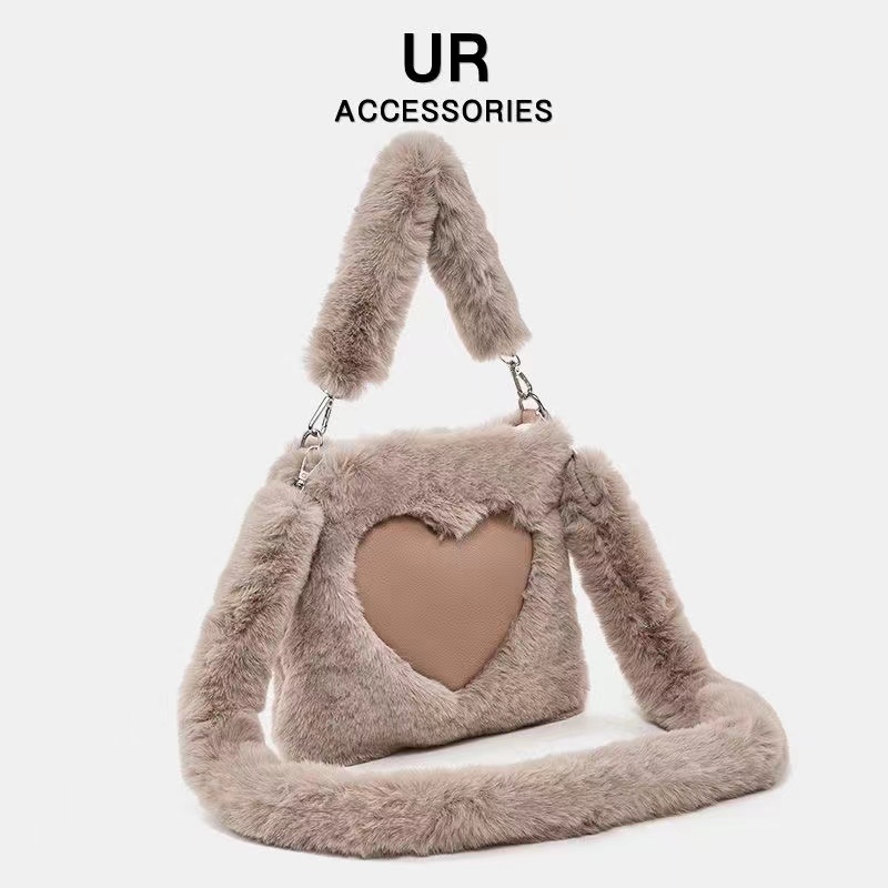 时尚爱心包百搭女新款秋冬大容量单肩斜挎毛绒包包成熟小众网红包