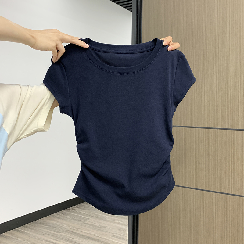 爱雅者圆领正肩短袖T恤女2024年夏季小个子辣妹褶皱收腰修身上衣1