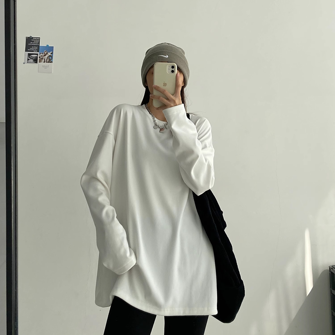 秋冬内搭打底衫女上衣时尚洋气减龄设计感中长款长袖宽松纯色t恤