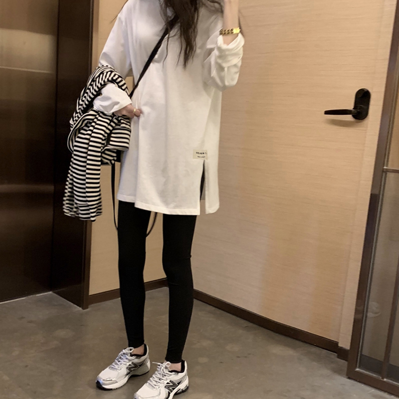 秋冬叠穿休闲简约基础款开叉t恤长款遮屁股洋气德绒长袖打底衫女