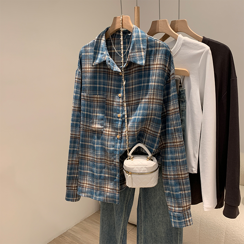 韩系慵懒风宽松Polo领蓝色格子衬衫女春秋季休闲百搭开衫外套上衣