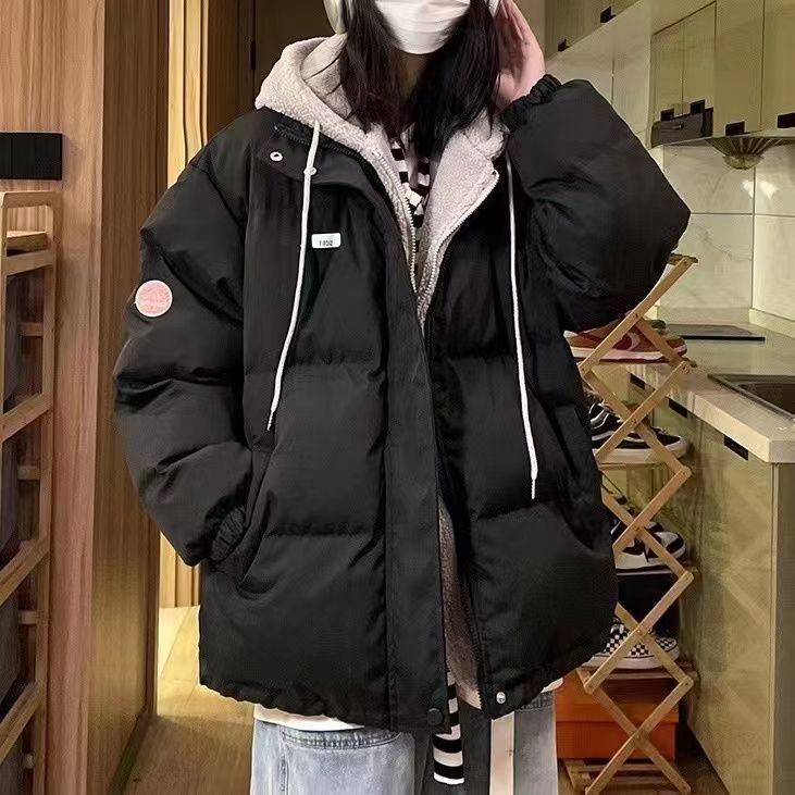 新款假两件羽绒服女oversize韩系宽松休闲连帽棉衣ins潮港风加