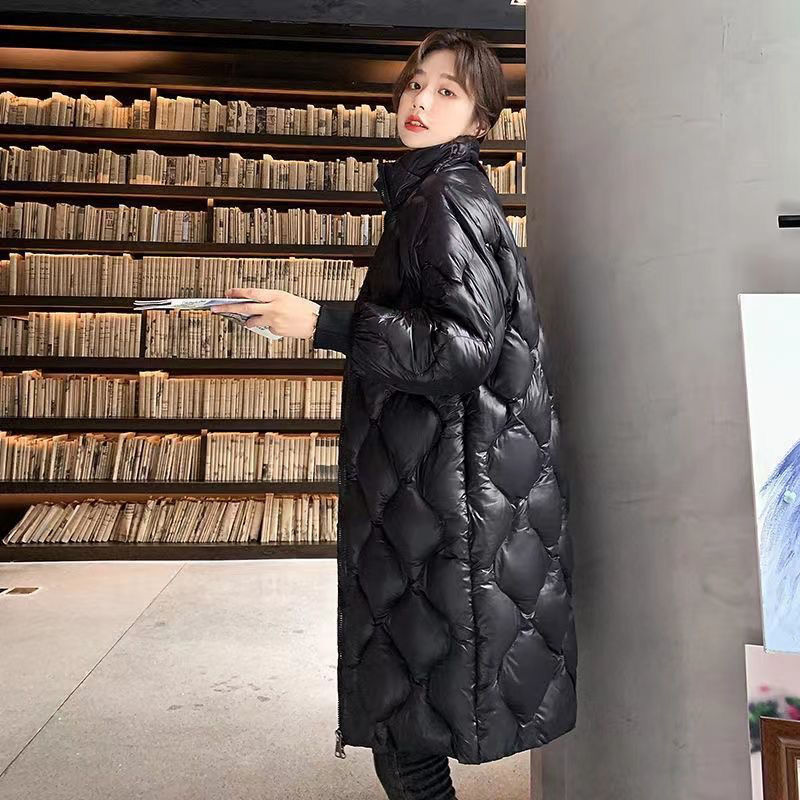 鸭鸭白鸭绒户外羽绒服女中长款立领2023冬季新款韩版亮面小个子