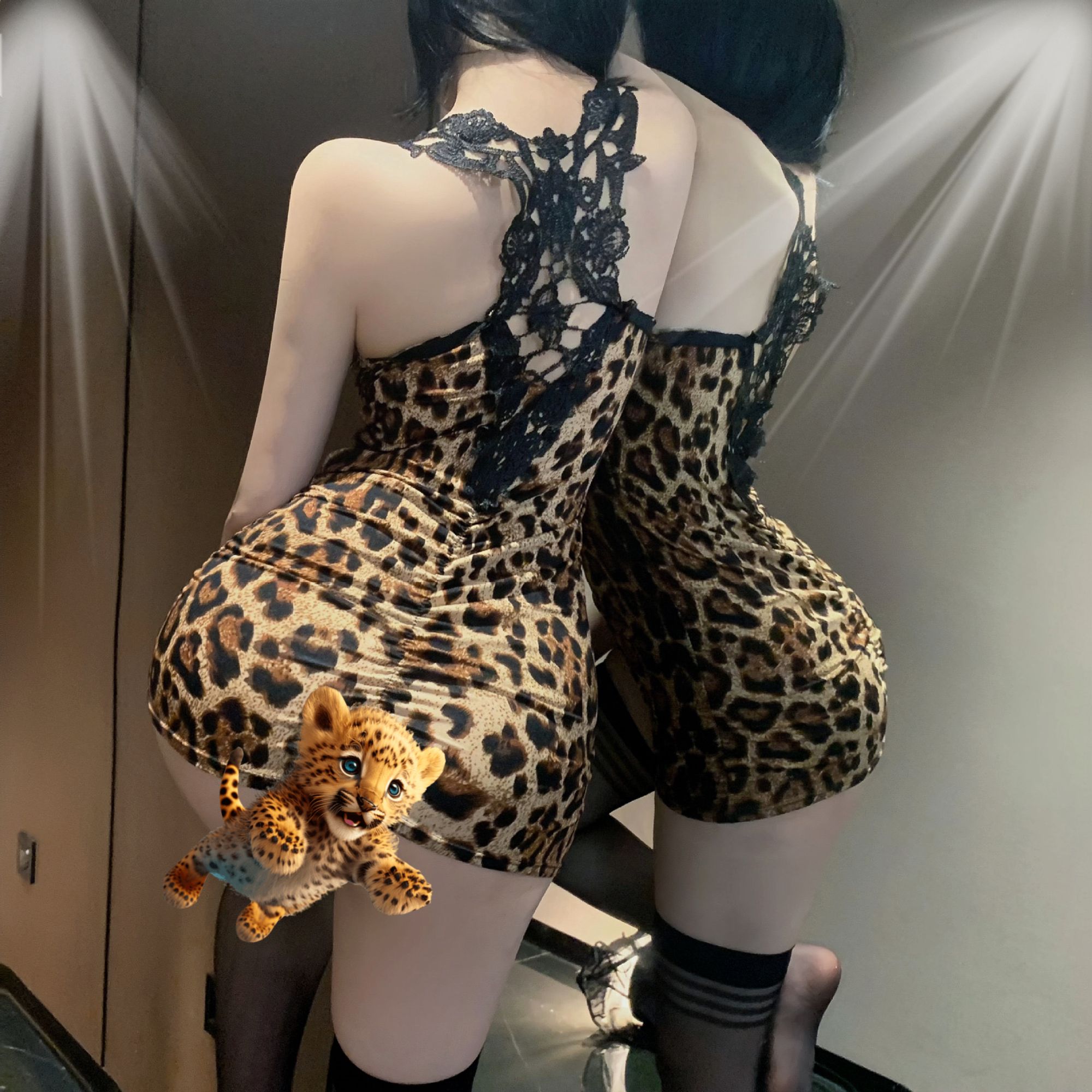 新款性感豹纹睡衣睡裙纯欲高腰连体露背显瘦镂空网红气质时尚修身