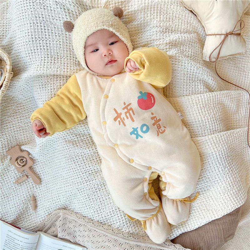 0-1岁婴幼儿冬装新生宝宝冬季秋冬款带袜子加厚棉服包脚连体衣服