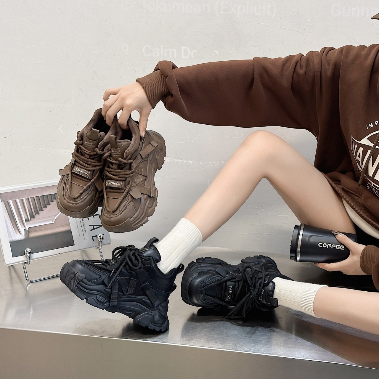 【高品质休闲皮鞋】真皮厚底老爹鞋女2023秋新款韩版百搭系带松糕