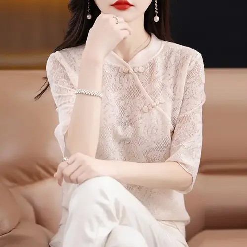 冰丝盘扣短袖T恤女2024春夏新款提花镂空针织衫薄款袍式中式上衣