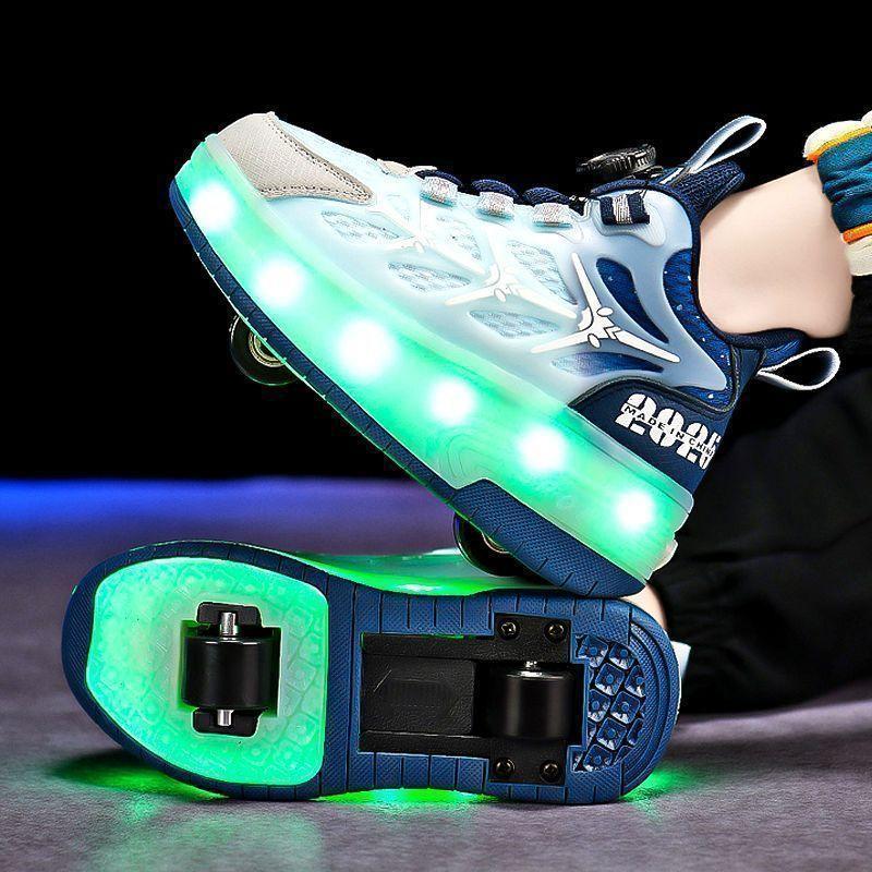 暴走鞋双可收缩男童鞋子儿童轮滑运动大童学生男孩发光带灯溜冰鞋