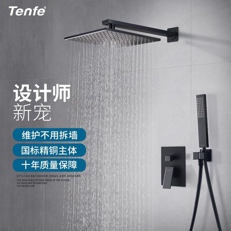 Tenfe/鼎菲吸顶亚光黑色嵌入式暗装花洒隐藏入墙式吊顶预埋盒淋浴