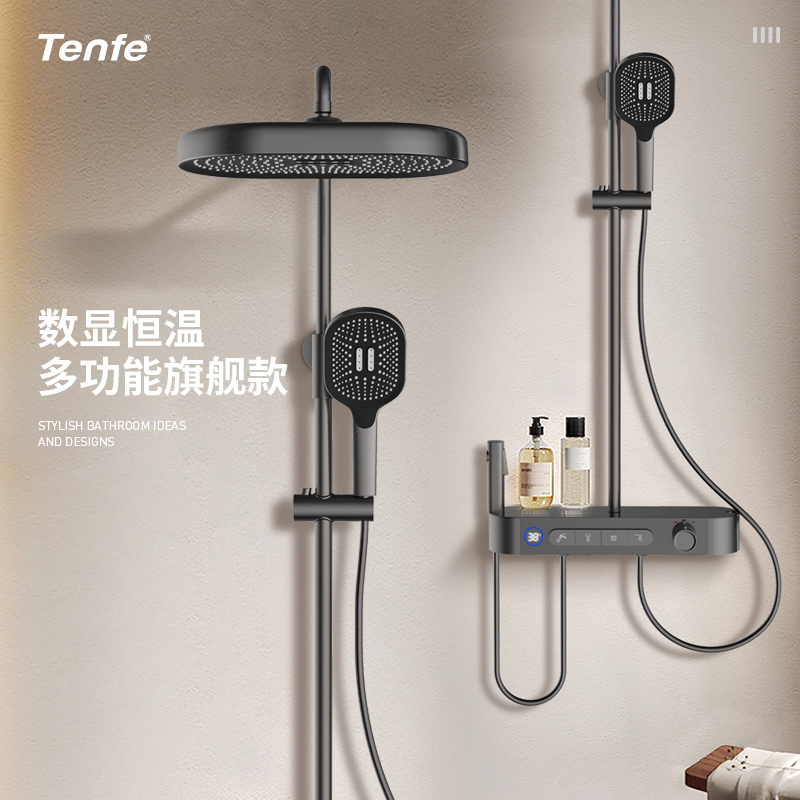 Tenfe/鼎菲淋浴花洒套装恒温数显明装按键式家用卫浴置物架套装