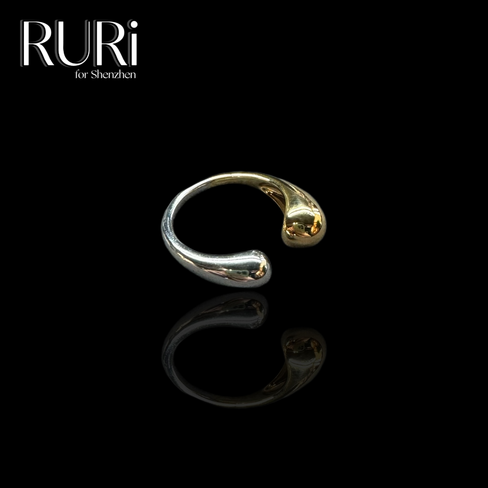 铜合金戒指 RURI 时尚简约水滴双色拼接开口戒219