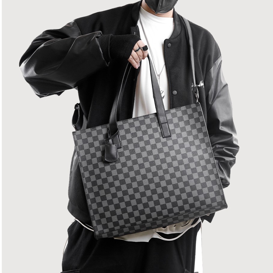 真皮青年潮流格子牛皮手提包男士大容量托特包