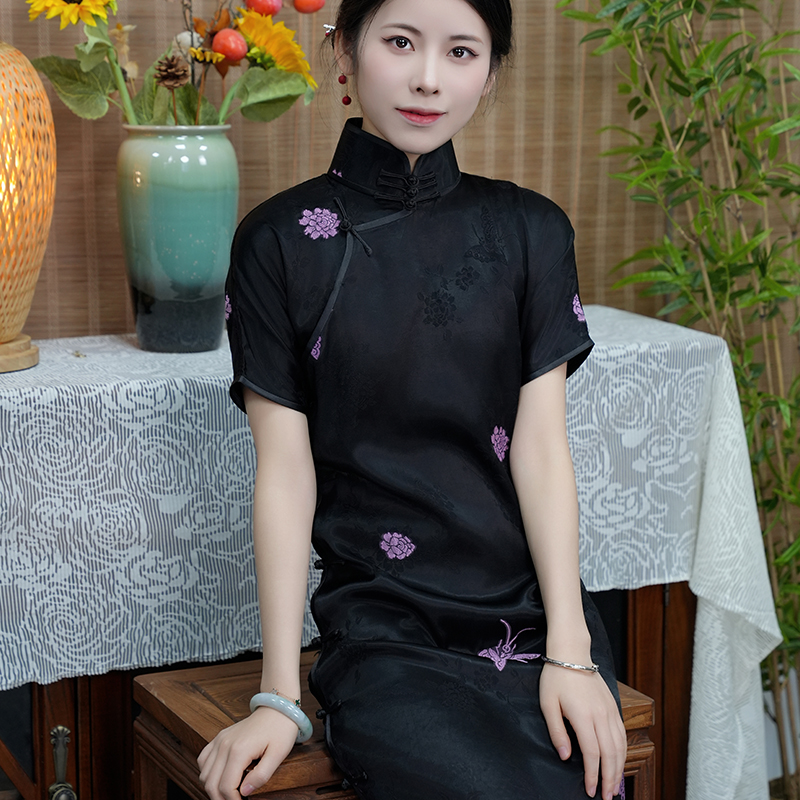 【绀蝶】春夏季短袖日常全开中式显瘦旗袍无省复古老钱风黑暗纹提花