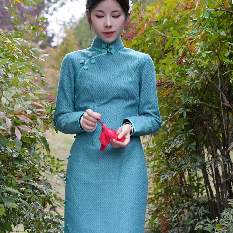 【碧潭】秋冬季蓝色显瘦旗袍单葫芦扣复古简约气质款手工长袖旗袍