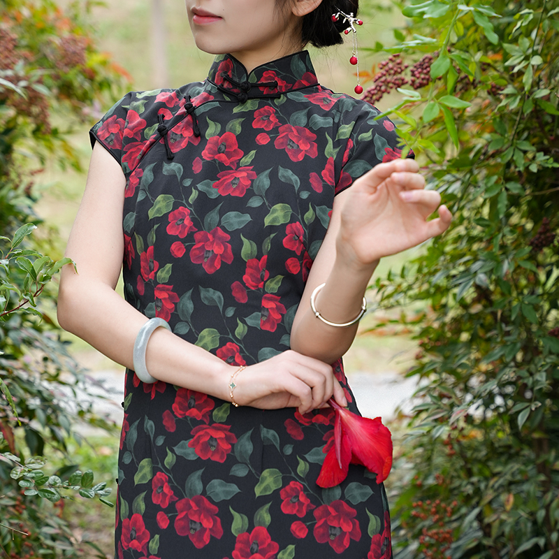 【安夏】碎花印花雪纺复古长款旗袍春夏气质中式风修身显瘦优雅少女