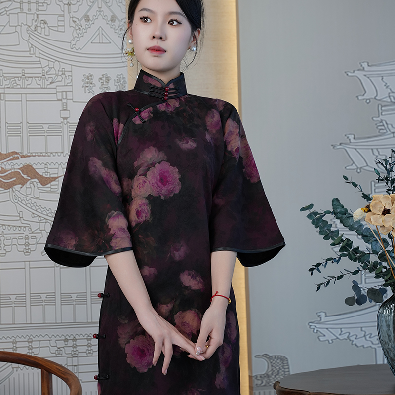 【烟如黛】紫翡旗袍原创春秋新款无省倒大袖旗袍开襟40姆米香云纱