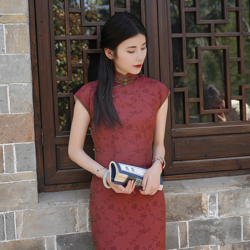 玲珑缎旗袍胭脂古法手工全开襟红旗袍气质高端红色款夏季新中式