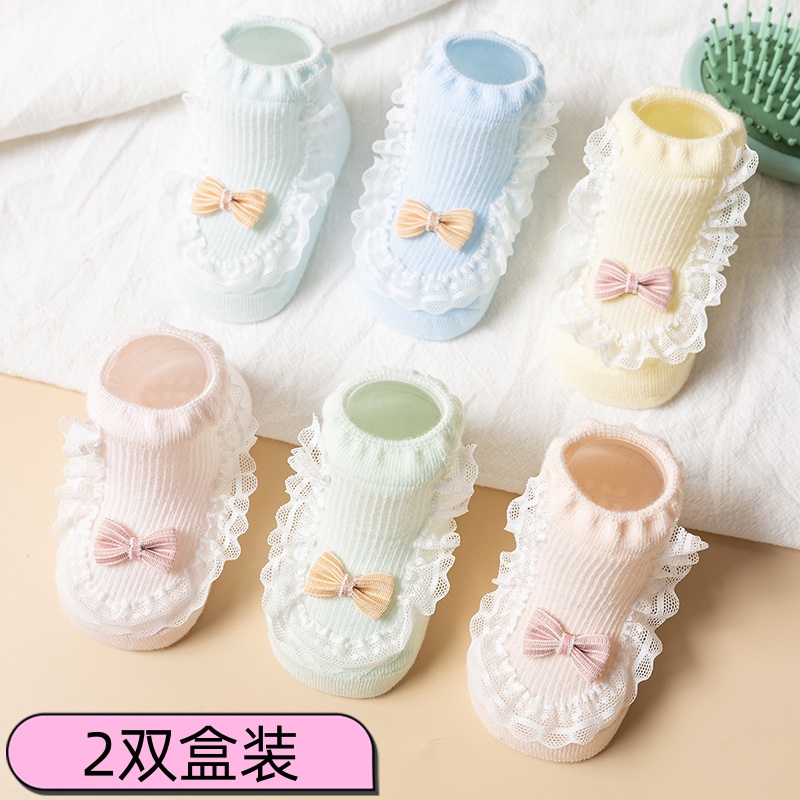 新生婴儿袜子无骨可爱短袜宝宝夏季棉袜薄款蝴蝶结花边袜学步袜子
