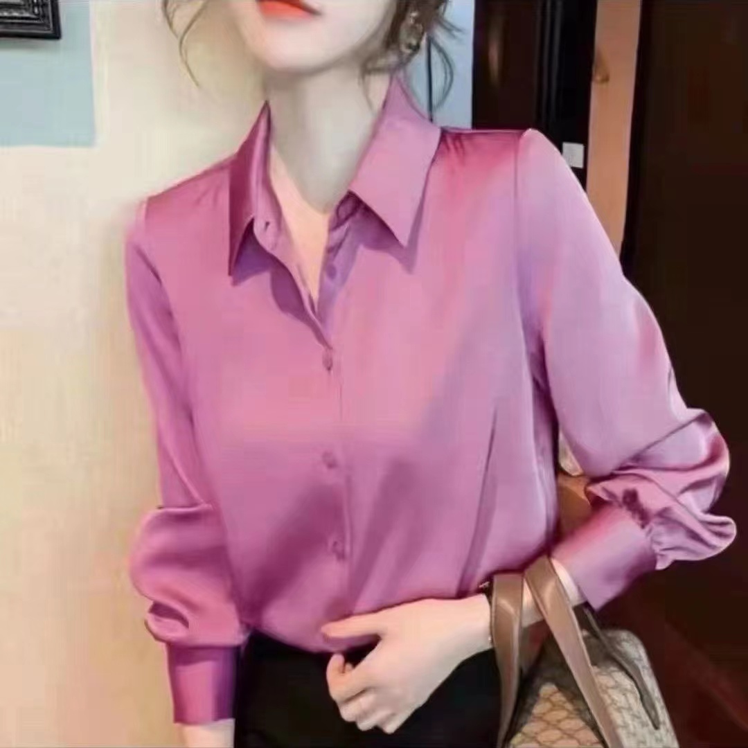 【高品质】新春秋纯色女衬衫时尚气质长袖缎面显瘦百搭打底上衣内搭
