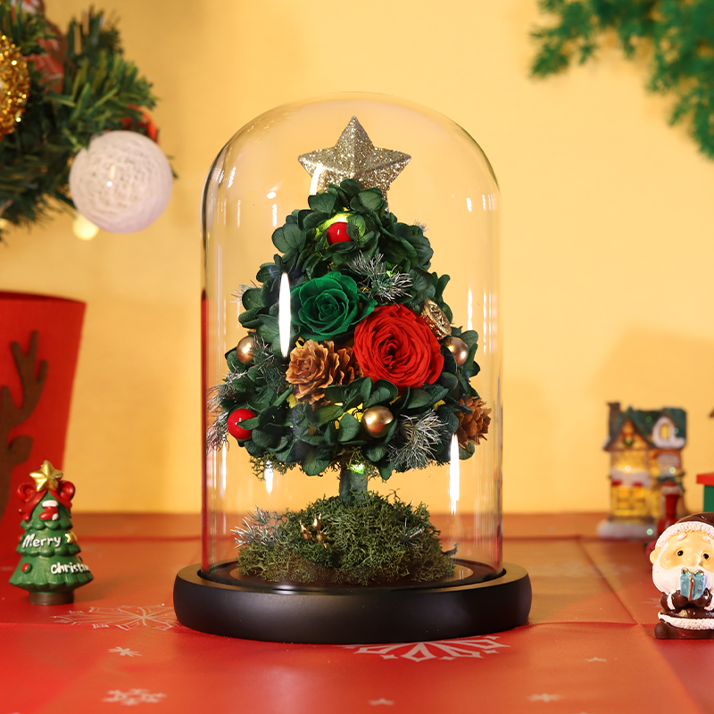 圣诞节的礼物礼盒永生花玫瑰树真花圣诞树摆件男生送小礼品摆件