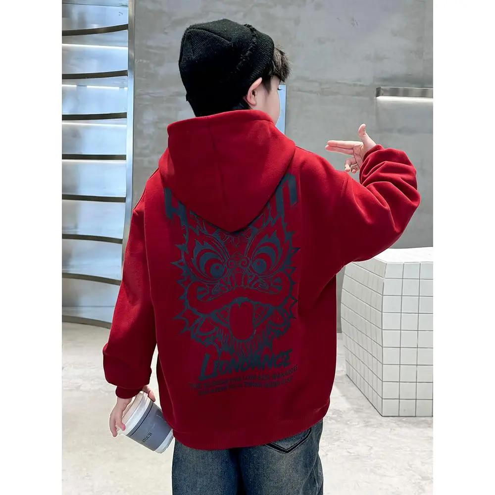 男童2024龙年本命年衣服加绒过年卫衣冬装儿童红色上衣新年服12岁