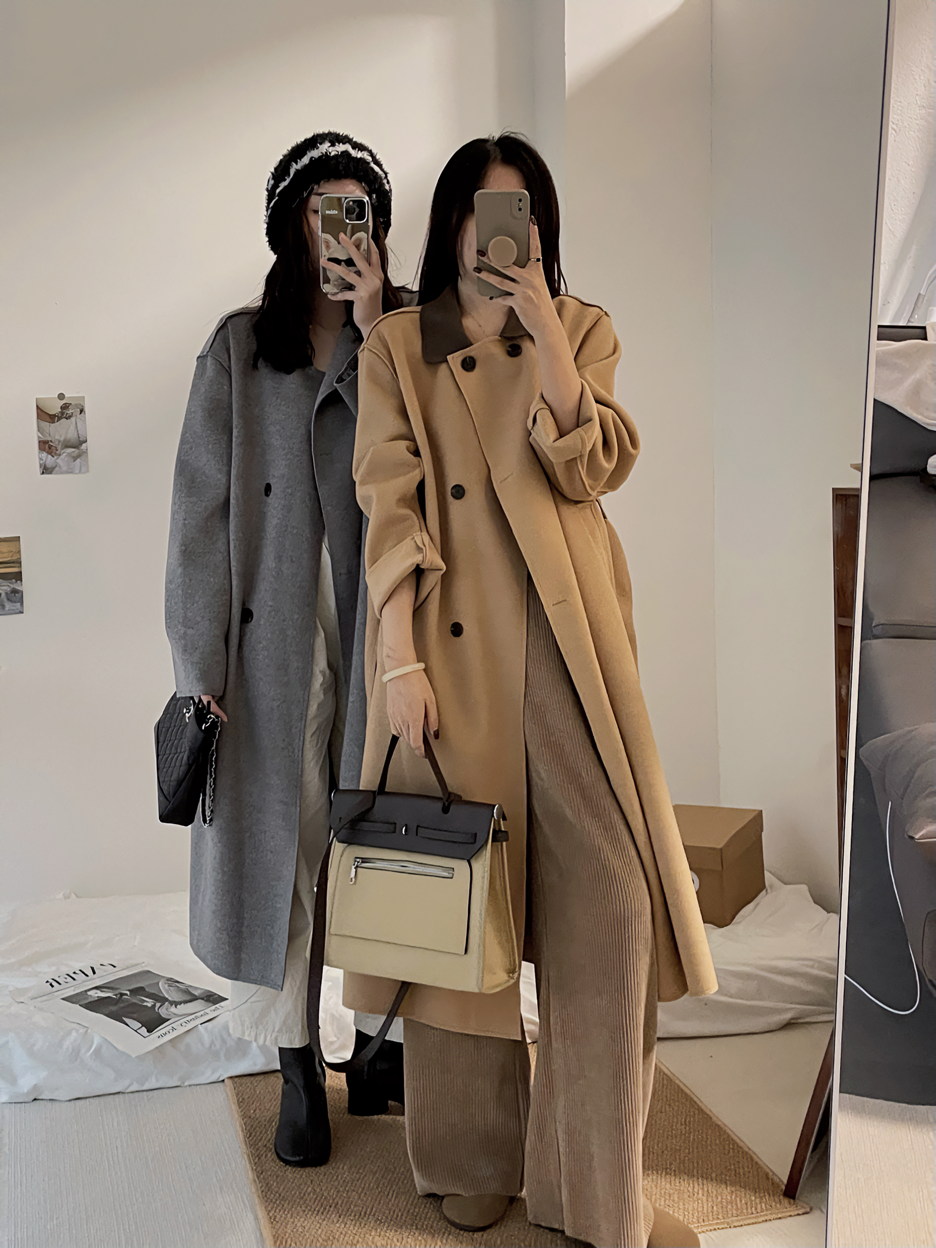 韩国新款双面中长款大衣女气质复古双排扣撞色翻领高端毛呢外套