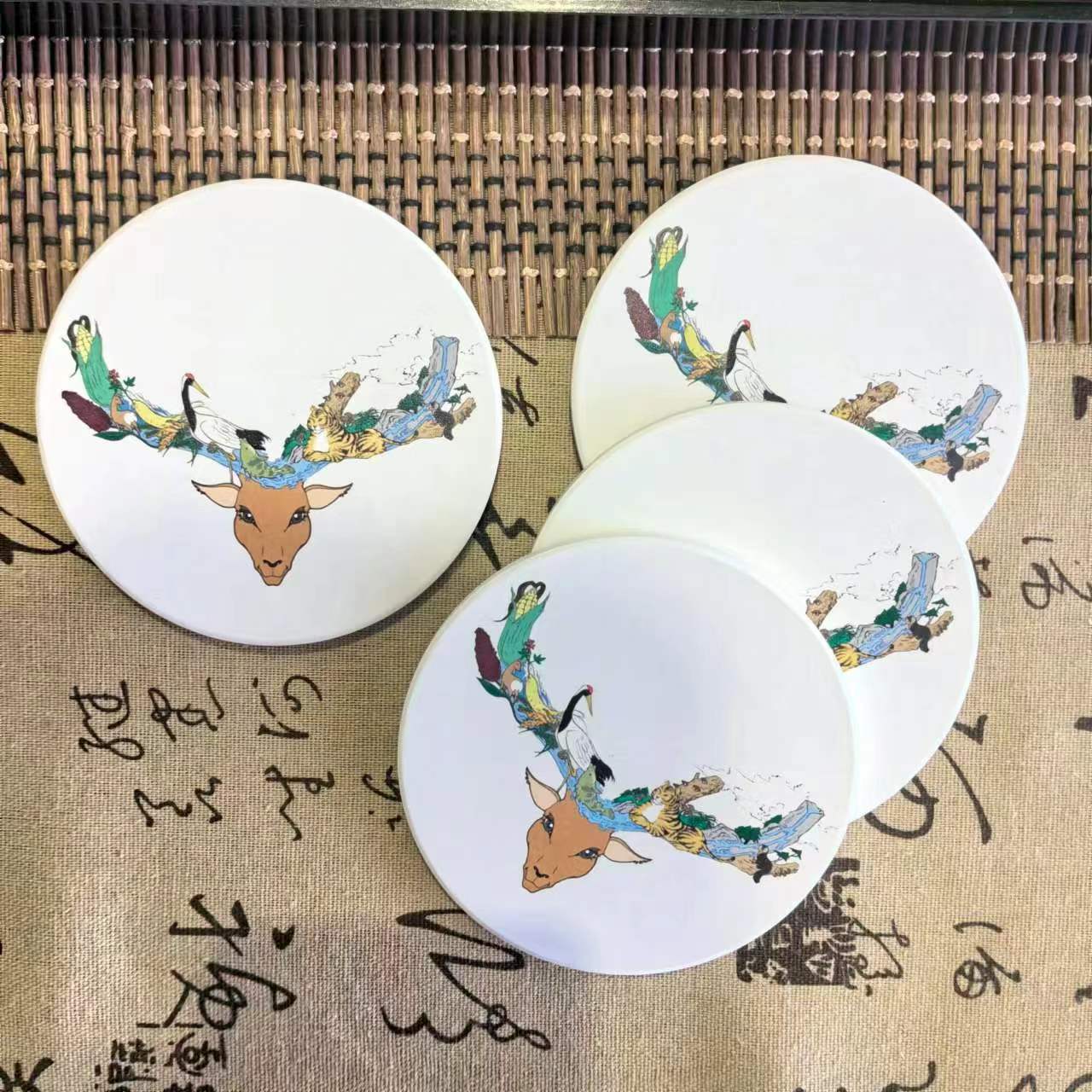 吉山喜鹿白瓷杯垫家用防滑吸水防烫圆形耐热大面积家用茶杯垫