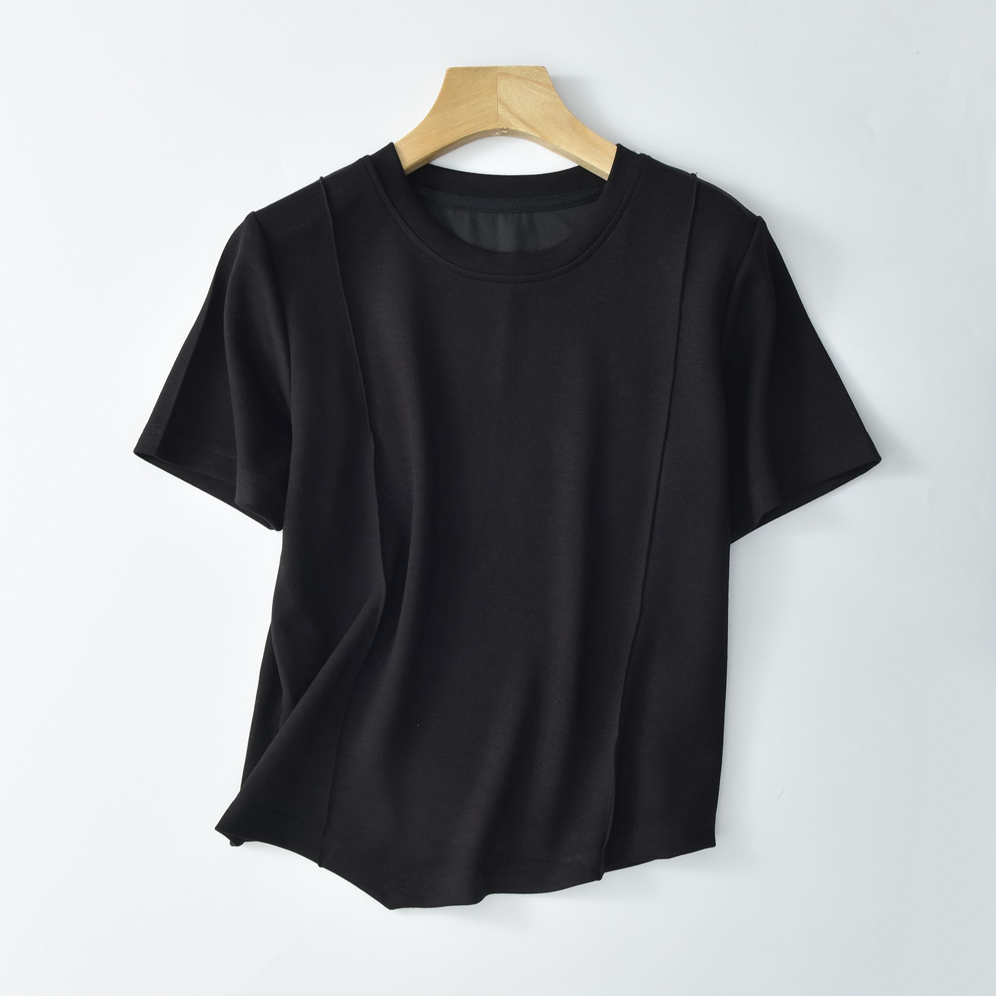 夏末短款圆领短袖时尚百搭不规则纯色6111