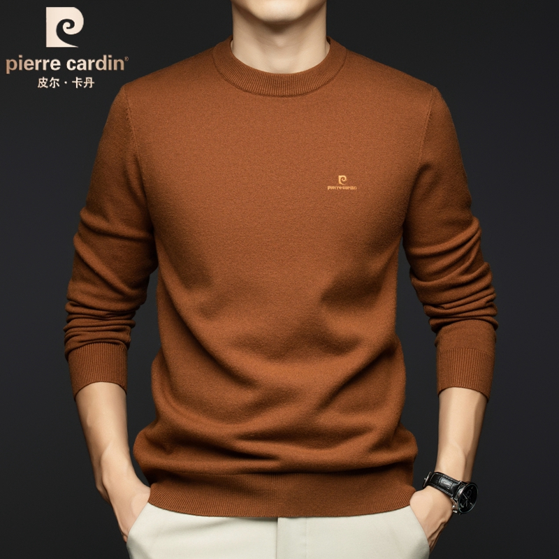 皮尔卡丹圆领羊毛衫男冬季加厚保暖中年男士纯色羊毛针织打底衫